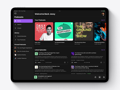 Podcast App - Dark Mode - iPadOS app application concept dailyui dark dark mode design interface ipados media media player menu minimal modern podcast podcast app profile purple ui ux