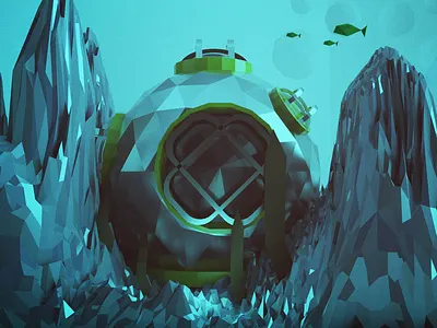 Helmet under ocean 3d c4d cinema 4d fish helmet low poly ocean poly polygons sea under water