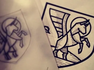 Church Logo Work In Progress bull church logo ox saint luke saint paul scratchboard shield sketch trish ward wing work in progress