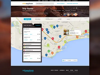 Trip Planner map navigation pins tabs ui website