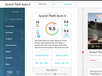 Game review page clean flat portal rating timeline ui website white