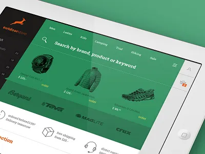 Outdoorstore [homepage] brands cart flat ipad navigation search shop tablet webshop