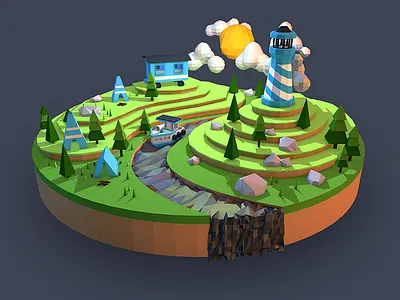 Low Poly Camping Landscape 3d c4d floating illustration island landscape water