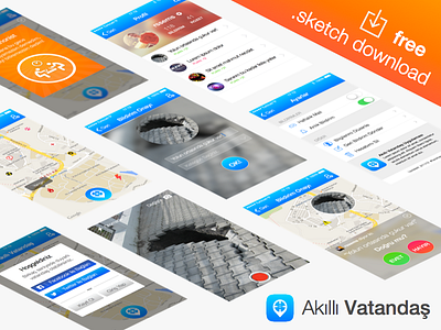 Akıllı Vatandaş - free .sketch download badges download flat freebie login map mobile app profile psddd settings sketch vector