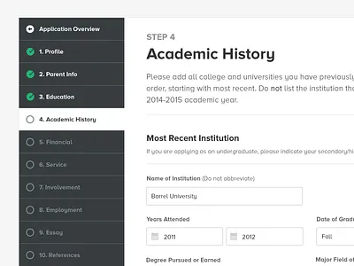 Application Flow academic application calendar fields forms menu side nav web app