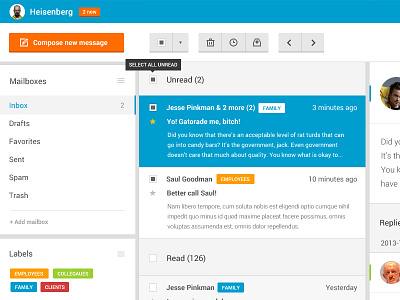 Email client active app clean controls dashboard email flat label list search sections toolbar