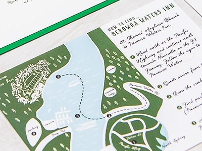 Natalie And Mika Map Illustration boat camp directions forest lake map water wedding