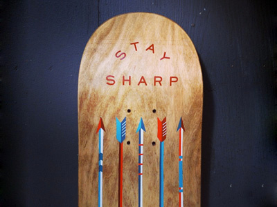 Stay Sharp arrows fundraiser hand painted illustration skate deck skating