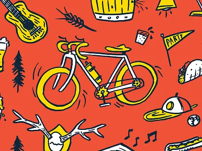 OMF Anniversary Party antlers beer bicycle bros hat illustration party poster