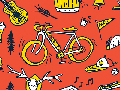 OMF Anniversary Party antlers beer bicycle bros hat illustration party poster