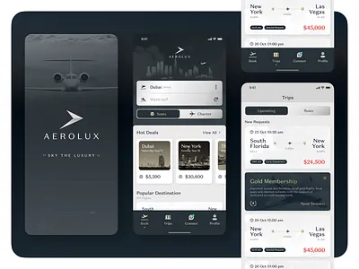 Aerolux new look app aircraft airline application avation branding business class creative design flight ios leisure logo luxury mobile app private jet travel ui ux