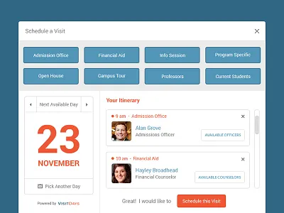 Schedule a Visit - Widget book calendar date design grid itinerary responsive schedule university visit website widget