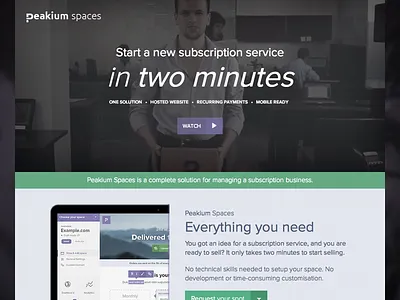 Peakium Spaces - Everything you need animation billing bitcoin flat html5 landingpage mobile overlay recurring responsive subscription video