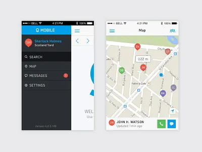 Palantir Mobile Navigation + Map coordinate disaster relief distance investigations iphone map menu mobile nav bar team teams ui