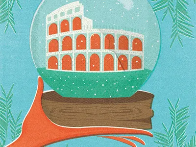 Snow Globe coliseum globe hand illustration italy pine snow vintage