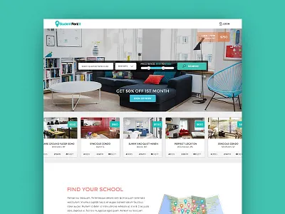 Student Rent It - Landing Page app button flat home list map pins properties property real estate search web