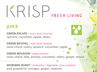 KRISP Fresh Living Menu Design branding cold pressed juice design juice bar logo menu newport beach packaging spa