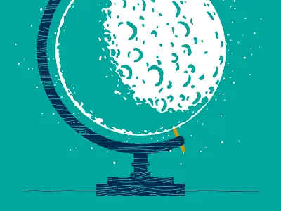 Lunar Globe Progress blue globe gold lunar moon poster print rough screen print sketch stars teal