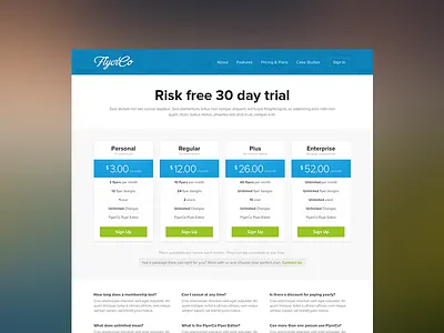 FlyerCo Pricing Page blue button design green interface pricing page ui web design white