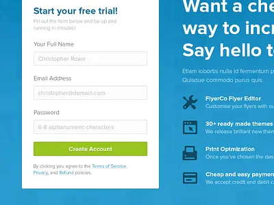 FlyerCo banner blue button design form green interface ui web design white