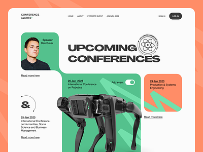 Conference announcement website design banner colorful conference design dinamic futuristic graphic grid interface landing page robots ui uidesign uiux ux web webdesign