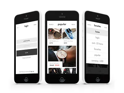 E-commerce mobile - screens clean e commerce ios login menu minimalism mobile popular price product rgrundig selected