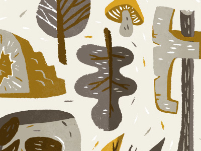 Forrest Finds axe gingko grey illustration leaves mushroom mustard print skull