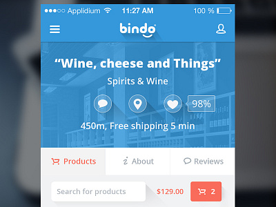 Bindo Mobile Shopping app blue cart flat interface ios like mobile shop shopping ui ux