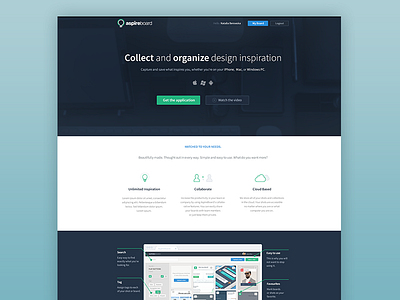AspireBoard button dark flat green icon landing page login sign up top