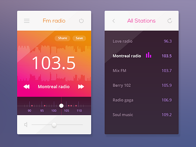 FM Radio UI color flat fun interface mobile music playlist radio sound ui web