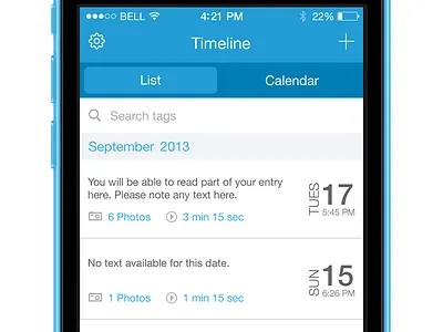 Timeline List View Journal App calendar date flat ios 7 iphone journal list mobile progress scroll search timeline