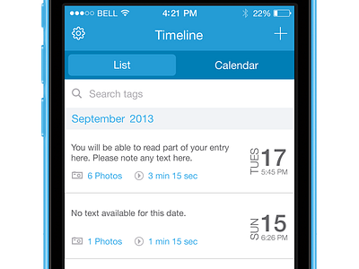 Timeline List View Journal App calendar date flat ios 7 iphone journal list mobile progress scroll search timeline