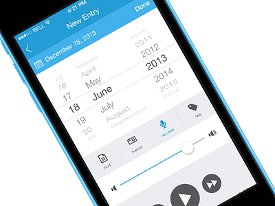 Journal App button calendar date picker flat ios7 journal mobile navigation play record slider volume