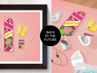 Back to The Future Props Poster 80s almanac back to the future hover board illustration pink poster radio shoes vector
