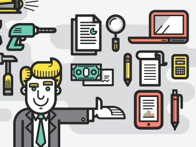 Construction + Banking banker construction drill hammer helmet laptop money notes pen suit truck