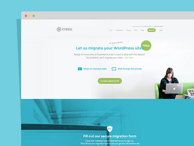 Flywheel Free Migrations Landing Page background photos background video badge landing page steps video walkthrough