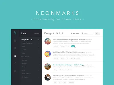Neonmarks - Bookmarking for Power Users app bookmarks flat links list listing lists madebysan neonroots rootstrap tags ui uruguay ux