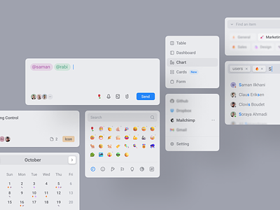 UI Elements blur button card chat clean components dashboard design system emoji gray hover integrated apps mention modal picker popover component search ui ux web design