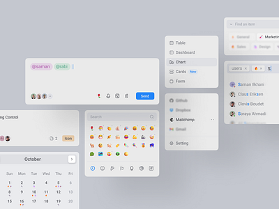 UI Elements blur button card chat clean components dashboard design system emoji gray hover integrated apps mention modal picker popover component search ui ux web design