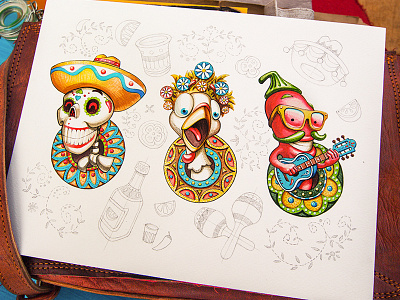 Characters characters concept flower guitar icon illustration leather sketch smile wood