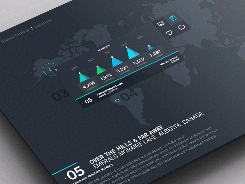 Weather Dashboard / Global Outlook / Comments [GIF] animated app clean dashboard flat gif gradient map photoshop ui ux weather