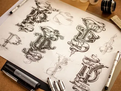 Monogram calligraphy drawing lettering logo logotype monogram pencil sketch typography wood