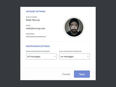 Account Settings account account settings avatar dropdown edit flat flat design modal notifications pop up setting ui