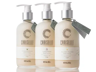 Choiselle Packaging No. 1 body lotion bottle design c choiselle hangtag labels packaging packaging design projekt inc. sean costik typography