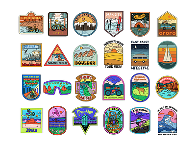 Badge Designs in 2022 adventure badge badge design bike branding california city colorado illustration landscape merch mountains nature outdoors patch sail sticker travel van