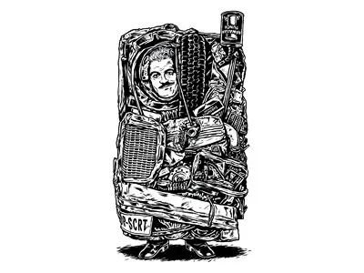 Agent Cedric in His Compact Car 1984 black bottleneck caar comedy compact crushed face ink metal pen white