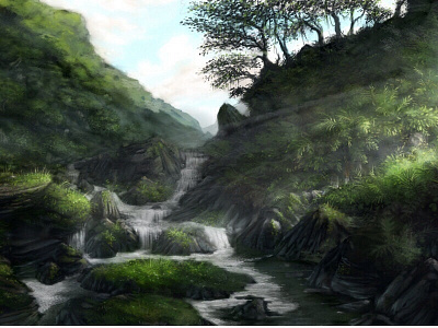 Jungle waterfall concept autumn davey baker digital artist green illustrator jungle mountains painter sketchbookuniverse summer wacom waterfall