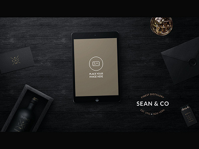 Workspace Tablet Mock-up: Dark Cottage envelope glass matchbox mock mock up psd tablet up whiskey workspace