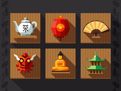 China buddha china dragon east fan hat lantern rice tea wall
