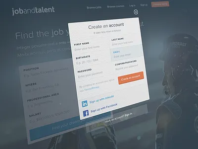 Sign Up modal - LinkedIn & Facebook connect background chrome color facebook flat form home landing linkedin modal sign up sports